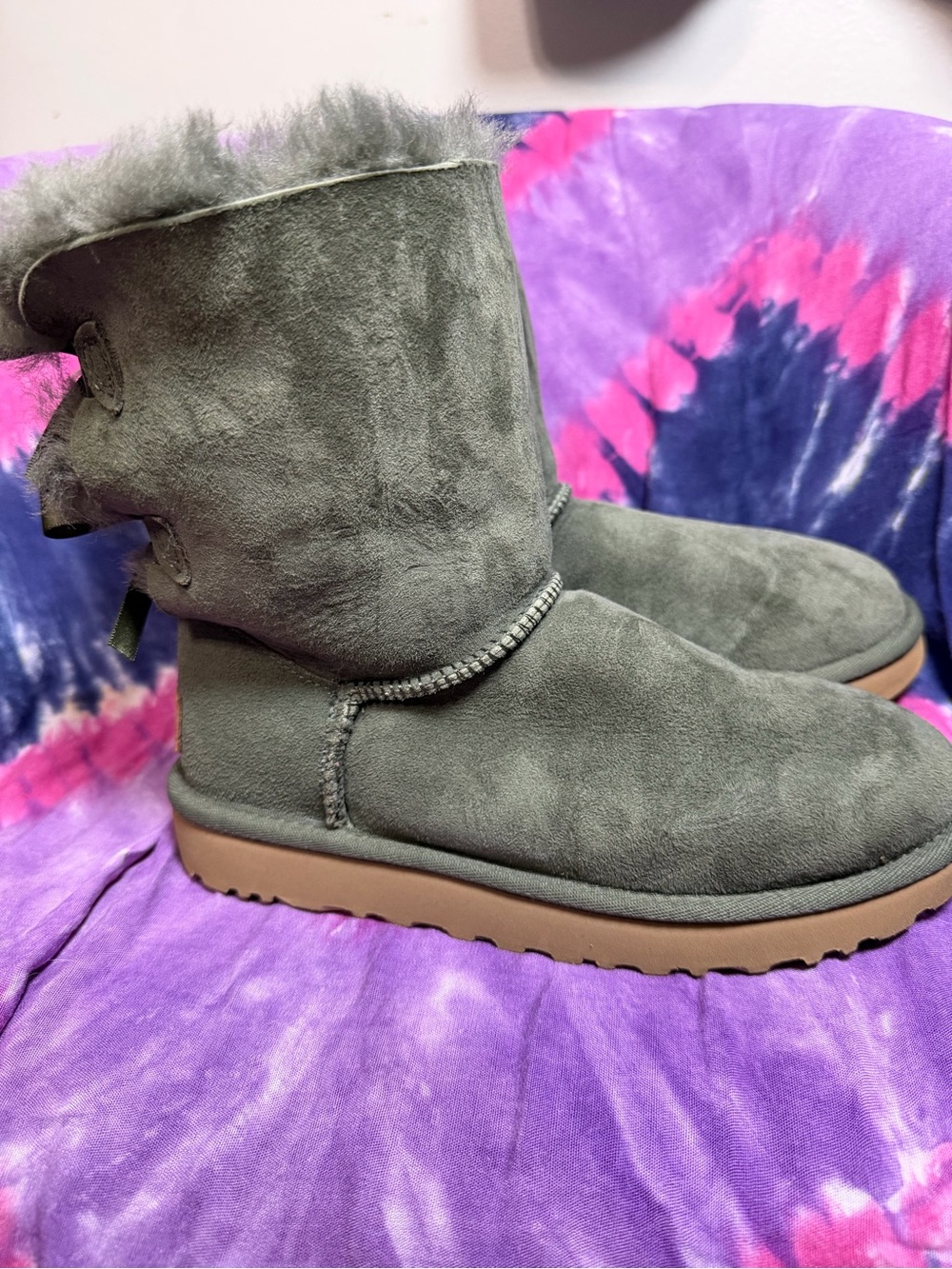 UGG olive Suede Short Shearling Boots with Tan Sole